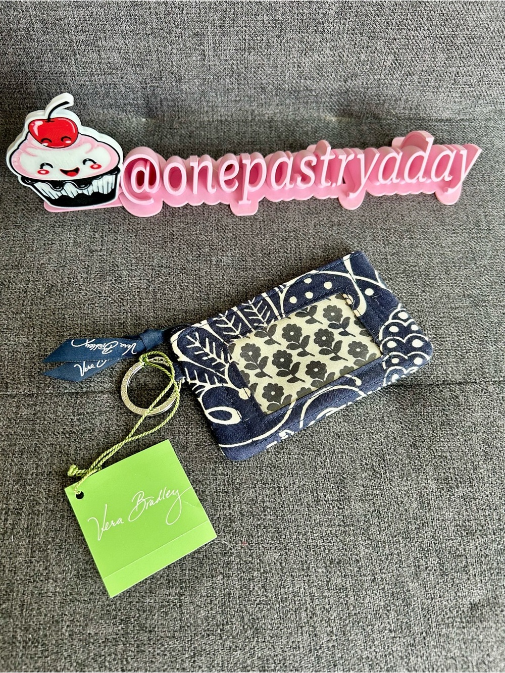 Vera Bradley Zip ID Case, Pouch, Key Ring, Twirly Birds (Retired) Navy, White